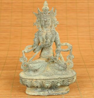 Rare Old Bronze Hand Carving Green Tara Buddha Figure Statue Table Decoration