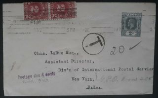 Rare 1932 Fiji Cover Ties 3 Stamps Inc.  2 Usa Postage Dues Taxed Canc Suva