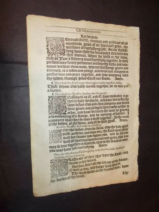1564 - Book Of Common Prayer Leaf - " Of Matrimony " - Folio - Gothic Font - Woodcuts - Rare