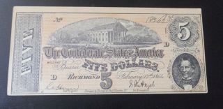 Rare The Confederate Series Of America Richmond 1864 Five Dollars