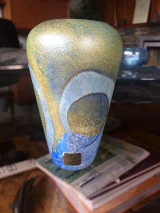 Rare Isle Of Wight Glass Small Swirl Shoulder Vase - Blue And Gold Azurene.