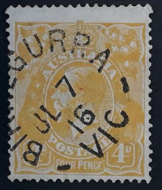 Rare 1916 Australia 4d Yellow Orange Kgv Stamp Birregurra Vic Postmark