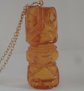 Rare Vintage Art Deco Carved Honey Cognac Amber Tiki Pendant Necklace