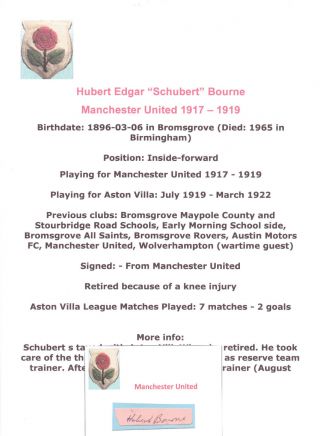 Hubert Bourne Manchester United 1917 - 1919 Rare Hand Signed Cutting/card