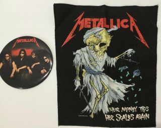 Rare Metallica Money Tips Her Scales Justice Vintage Back Patch 1988 And Button