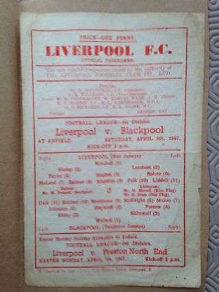 1946/47 : Liverpool (champions) V Blackpool Gc Fragile Very Rare