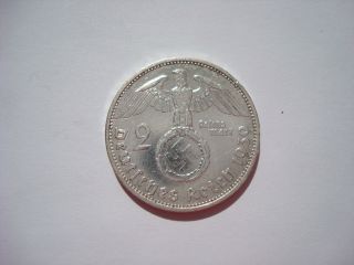 2 Reichsmark 1939 F German Hitler Silver Coin Third Reich Nazi Swastika Xx - Rare
