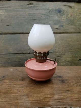 English Vintage Kelly / Nursery Oil Lamp,  Glass Shade,  Paraffin Sa - Vu Pink Rare