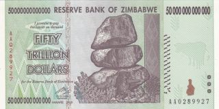 50 Trillion Dollars Aunc Crispy Banknote From Zimbabwe 2008 Pick - 90 Rare