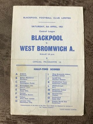 Rare Single Sheet 1963 Blackpool V Wba Reserve Football Programme