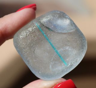 Very Rare Cube - Like Frosty Snow White Seaglass With Teal Streak Xxxl