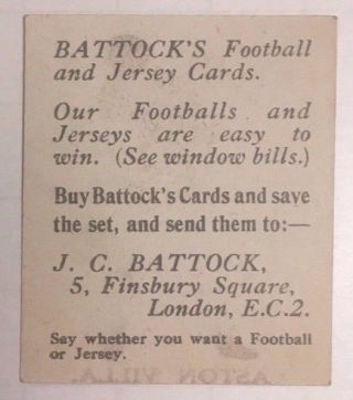 Rare J.  C.  Battocks Aston Villa Collectors football card in very good cond.  1920 ' s 2