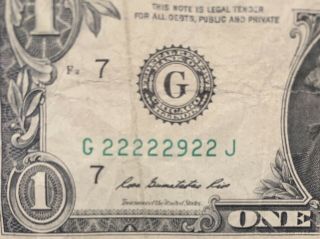 2009 G Series $1 One Dollar Bill Fancy 7 Of A Kind Near Solid Binary Rare Note