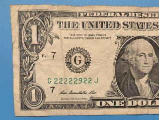 2009 G Series $1 One Dollar Bill Fancy 7 of a Kind Near Solid Binary Rare Note 2