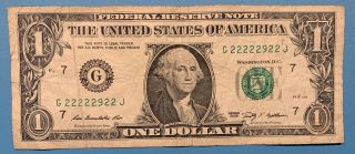 2009 G Series $1 One Dollar Bill Fancy 7 of a Kind Near Solid Binary Rare Note 3