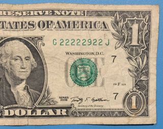 2009 G Series $1 One Dollar Bill Fancy 7 of a Kind Near Solid Binary Rare Note 4