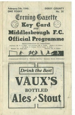 Rare Middlesbrough V Derby County Prog Fa Cup 07/02/1948 1947/48 Season