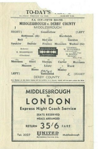 RARE Middlesbrough v Derby County prog FA CUP 07/02/1948 1947/48 season 2