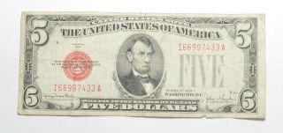 Crisp - 1928 - F $5.  00 Red Seal Us Note - Rare 553