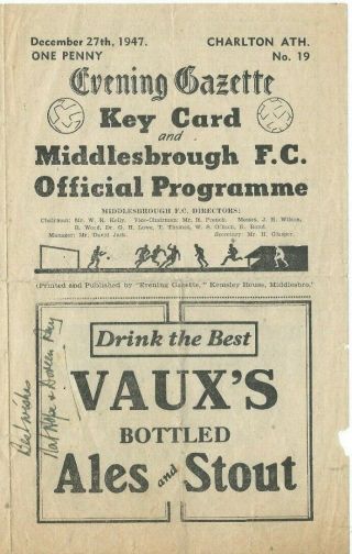 Rare Middlesbrough V Charlton Athletic Prog 27/12/47 Div 1 1947/48 Ayresome Park