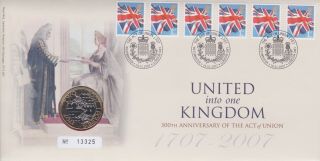 Gb Stamps First Day Cover 2007 Act Of Union & Rare Uncirculated £2 Coin