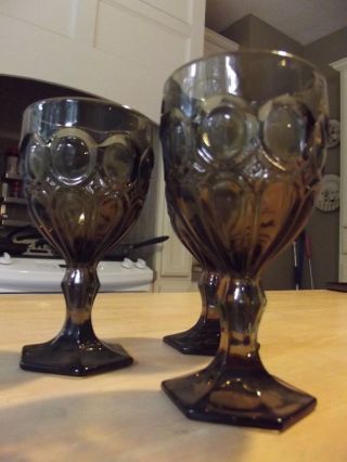 3 Amber Brown Drinking Glass Rare Mid Century Vintage Goblet Tear Drop Stem Wine