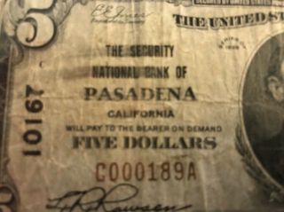 Rare California 1929 $5 Type 1 Security National Bank Pasadena,  Ca Serial 189