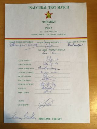 1992 Rare Signed By All 15 Zimbabwe Official Inaugural Test Match Team Sheet V I