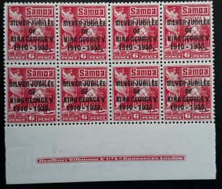 Rare 1935 Samoa Imprint Block Of 8 X 6d Red Pink Jubilee Of Kgv Stamps Muh