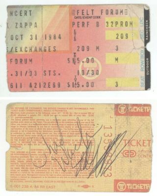 Rare Frank Zappa 10/31/84 Nyc Ny Msg Felt Forum Autographed Ticket Stub