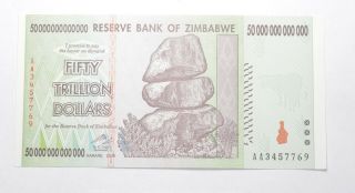Rare 2008 50 Trillion Dollar - Zimbabwe - Uncirculated Note - 100 Series 291