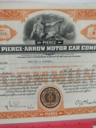 Pierce Arrow stock certificate,  100 shares.  Collectible.  Rare. 5
