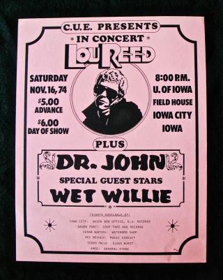 Lou Reed Dr.  John Wet Willie Rare 1974 Concert Poster At The University Of Iowa