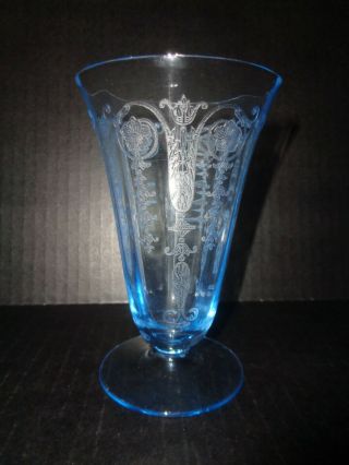 Rare Fostoria Vernon Etched Blue Water Glass / Footed Tumbler 1927