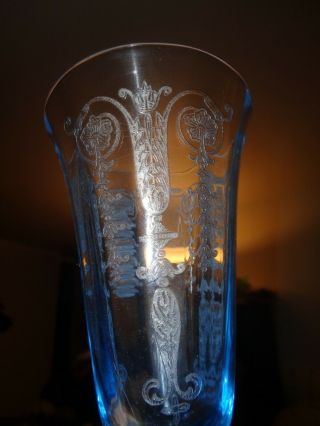 Rare FOSTORIA VERNON Etched BLUE WATER GLASS / FOOTED TUMBLER 1927 5