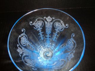 Rare FOSTORIA VERNON Etched BLUE WATER GLASS / FOOTED TUMBLER 1927 7