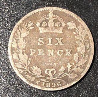 1896 Uk Great Britain Silver Six Pence Rare Foreign Coin Queen Victoria