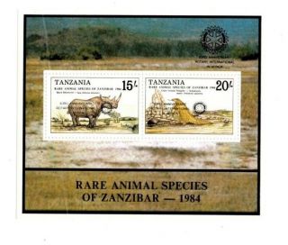 Tanzania - 1984 Rare Animal Species - Rotary Intl Ovpt - Souvenir Sheet - Mnh