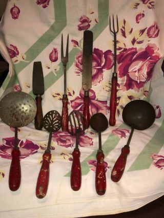 Vintage / Antique Kitchen Utensil Set Of 9 Red Wood Handles Rare Combo Of Items