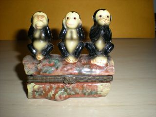 Rare Vntg 3 Wise Monkeys (see No,  Hear No,  Speak No Evil) Porcelain Trinket Box