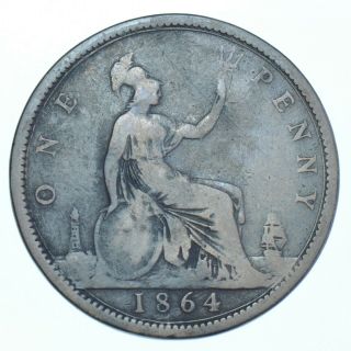 Rare 1864 Penny,  Upper Serif,  British Coin From Victoria [r9] Gf