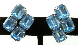 Rare Vintage Estate Signed Weiss Blue Rhinestone 1 1/8 " Clip Earrings G688d