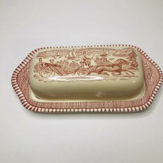 Rare Vintage Currier And Ives Royal China Butter Dish Sleigh Road Winter Pink