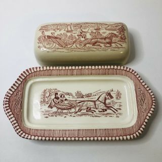 RARE Vintage Currier and Ives Royal China butter dish Sleigh Road Winter Pink 2