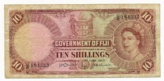 Fiji 10 Shillings Note 1957 Qeii Rare