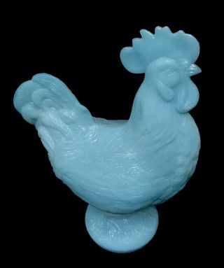 Rare Portieux Vallerysthal Blue Opaline French Milk Glass Rooster Covered Box