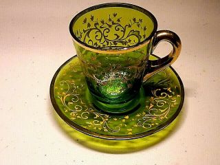 Rare Find - Signed Moser 1880 - 95 Crystal - Gold&enameled Green Demitasse Cup&saucer