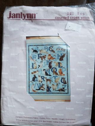 Vintage Rare Janlynn Counted Cross Stitch Kit Cat & Mouse Alphabet Sampler