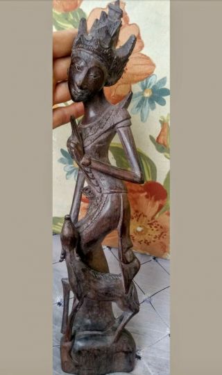 Rare 14 " Vintage Bali Hindu Goddess Saraswati With Deer Wood Carved Sculpture