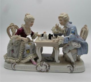 Rare Large Vintage German Porcelain Figure Figurine - Couple Playing Chess